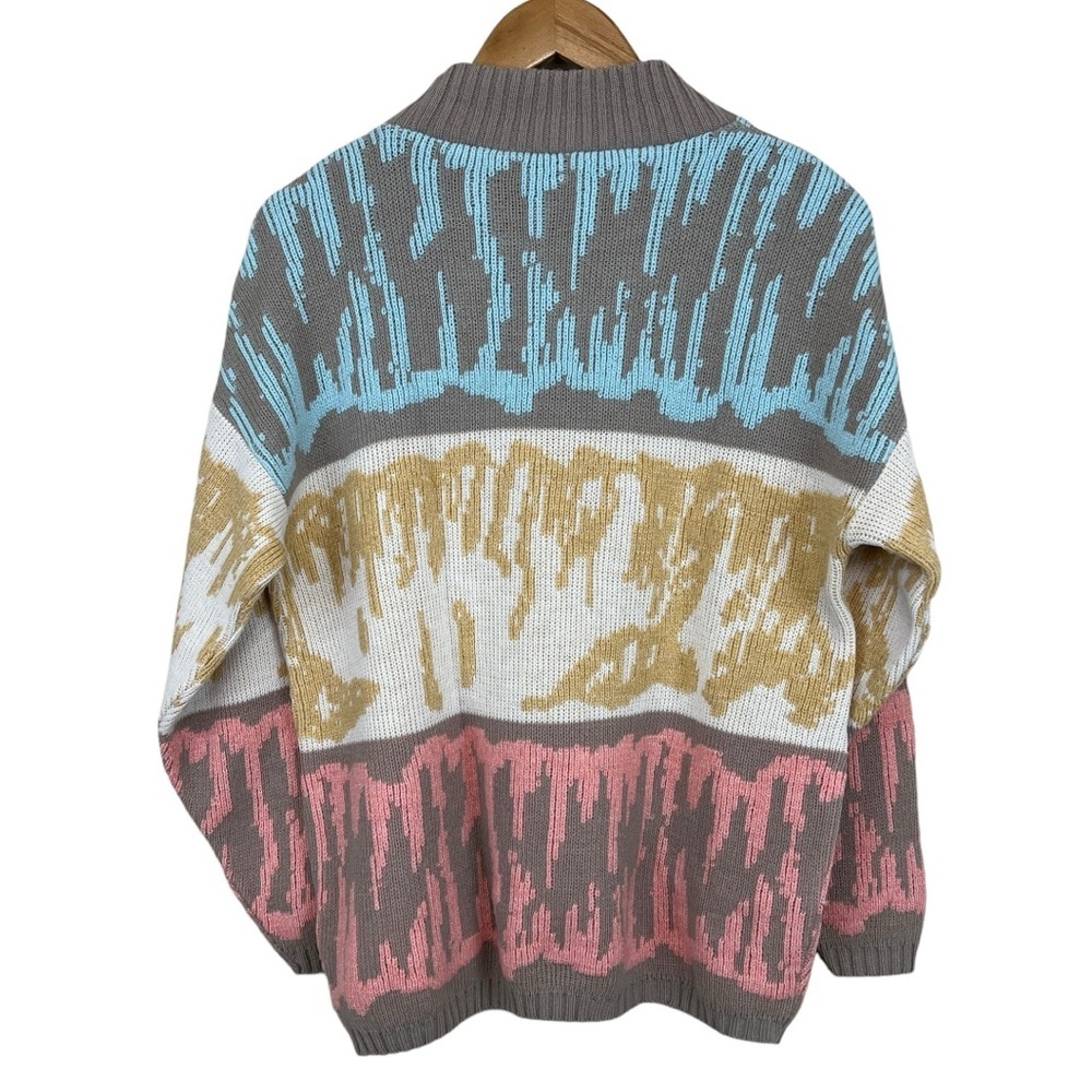 Vintage 80s Croquet Club Women's Abstract Knit Sweater Pink Blue Gold Size Large - Picture 6 of 6